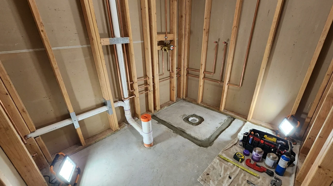 Bathroom rough-in plumbing during remodel by Johns Plumbing LLC in Homedale