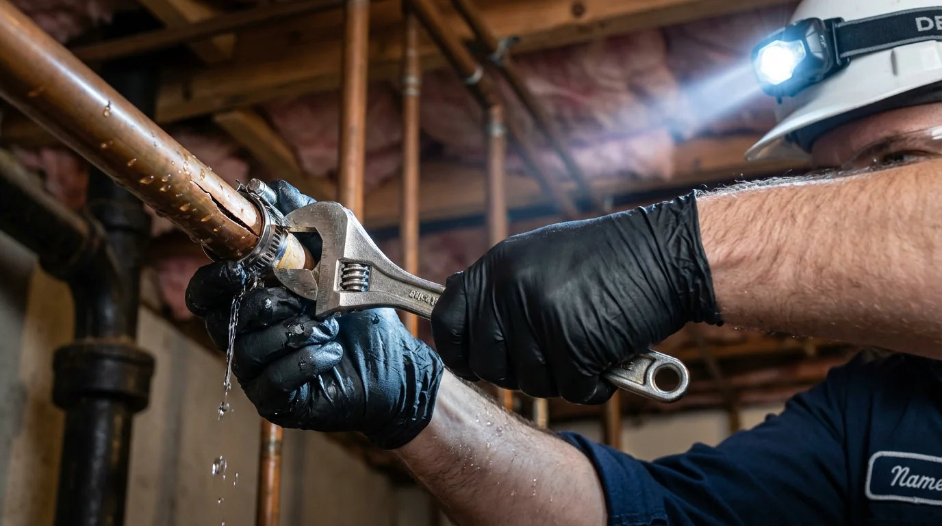 Emergency pipe clamp repair being performed by a Johns Plumbing LLC plumber in Homedale