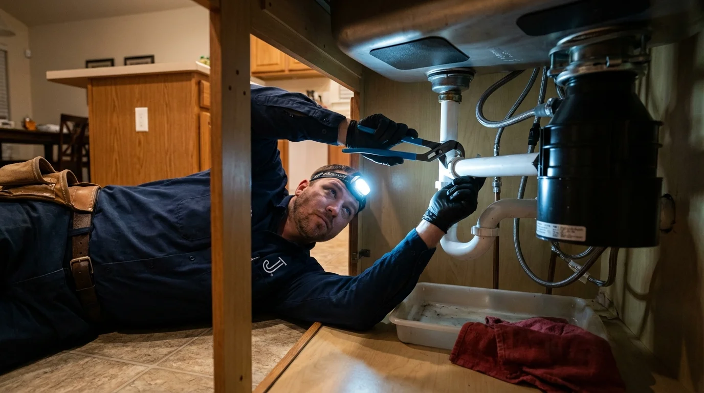 P-trap and supply line connections under a kitchen sink showing a common leak point in Homedale, ID